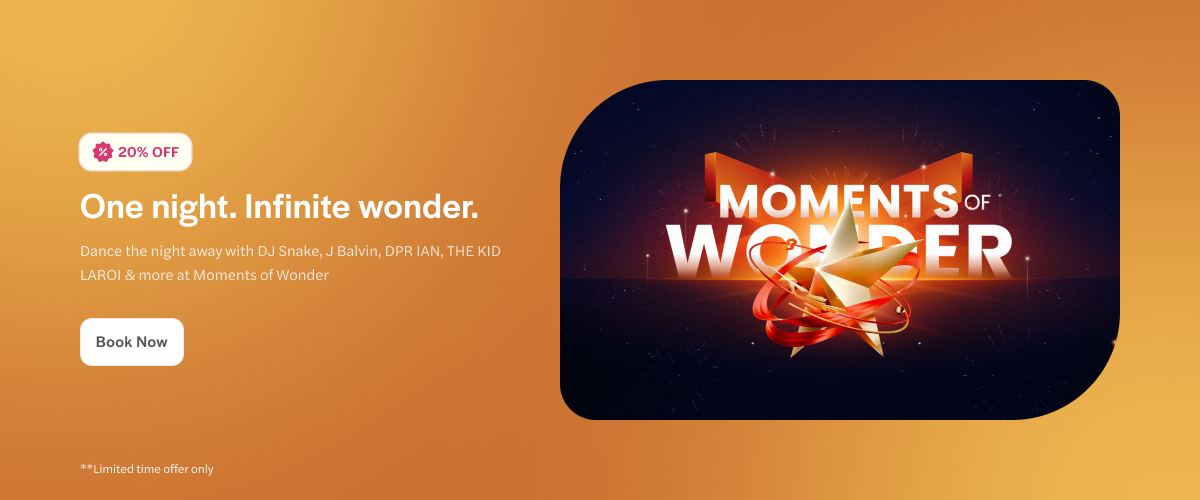Moments of Wonder event promo with 20% discount in Hanoi featuring DJ Snake and J Balvin.
